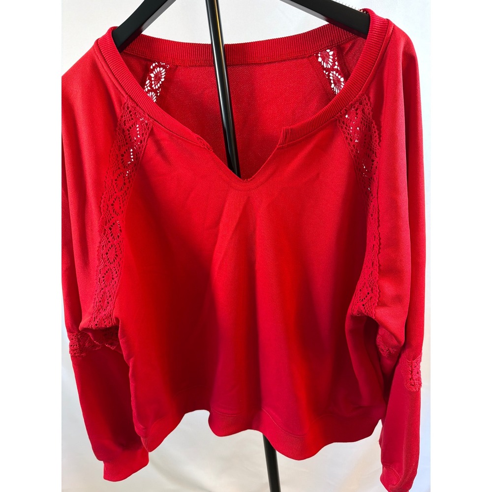 Red Lace Crochet Raglan V-Neck Sweatshirt Long Sleeve Pullover Top